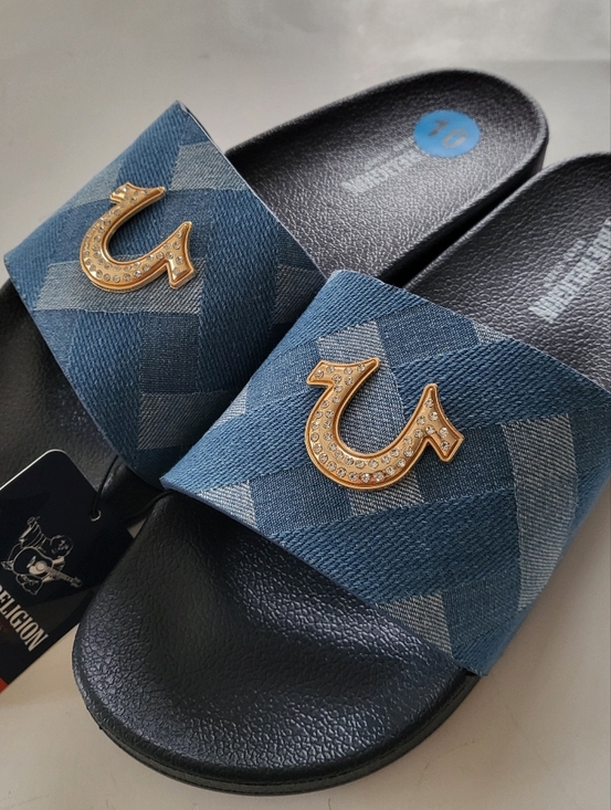 True Religion Shoes - True Religion Denim slides Rhinestone Logo Womens Size 8 10 Blue